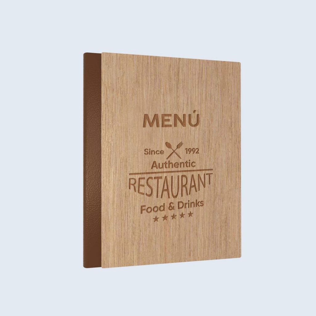 Porta menu en madera grabada con laser Rapicopias Publicidad en Medellín